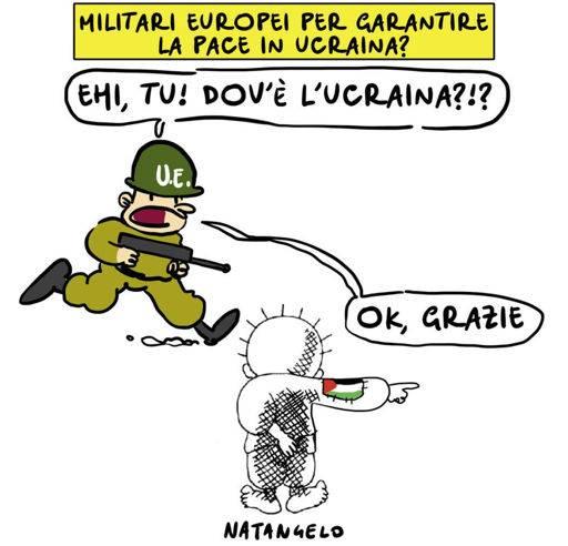 Nel disegno, un soldato con la divisa U.E. domanda teafelato ad un bambino: "Ehi, tu! Dov'è l'Ucraina?!?"
Il bambino (Handala) con addosso un vestito sul quale c'è cucita una bandiera palestinese, lo aiuta indicandogli una direzione lontana.
