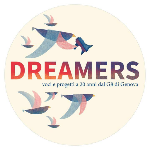 Copertina del podcast con la scritta DREAMERS e alcuni uccelli stlizizzati che volano sopra e sotto la scritta. Uno di loro vola sopra la scritta e ha un megafono