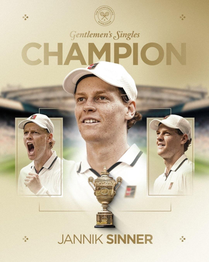 L'immagine ritrae Jannik Sinner mentre festeggia la sua vittoria nel singolare maschile di Wimbledon, con tre foto che lo ritraggono mentre esprime diverse emozioni e un trofeo al centro. Sullo sfondo è presente il logo di Wimbledon.