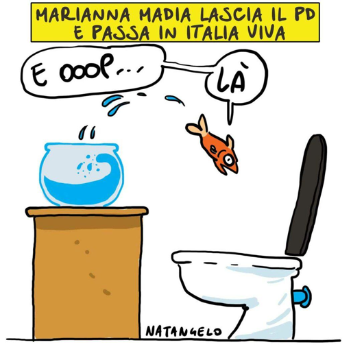 Nel disegno, un pesce rosso che, con uno scatto atletico, salta da una boccia di vetro ad una tazza del cesso