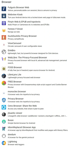 Lista dei browser disponibili sullo store FDroid