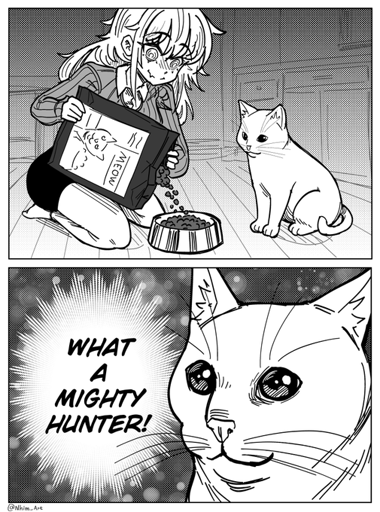 Cat looking at food bag "What A Mighty Hunter"