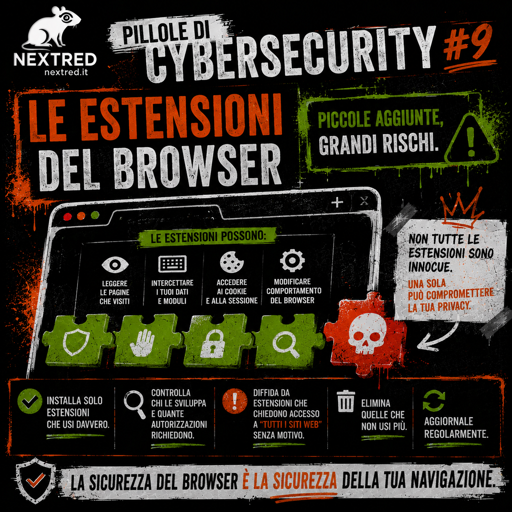 Le estensioni rendono il browser più potente, ma possono anche diventare un rischio.

• Installa solo quelle che usi davvero
• Controlla sviluppatore e recensioni
• Verifica i permessi richiesti
• Elimina quelle inutilizzate
• Aggiornale regolarmente

Un'estensione può leggere dati, cookie e pagine visitate. Prima di cliccare su "Aggiungi", chiediti: ne ho davvero bisogno?

Stile Urban. Sfondo nero. In alto a sinistra il logo NextRed (Cyberatto Bianco)