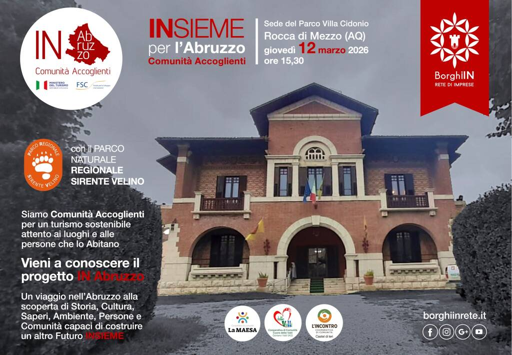 Locandina dell'iniziativa del 12 Marzo 2026 "INSIEME per l'Abruzzo Comunità Accoglienti". Sullo sfondo la sede del Parco del Velino Sirente a Rocca di Mezzo
