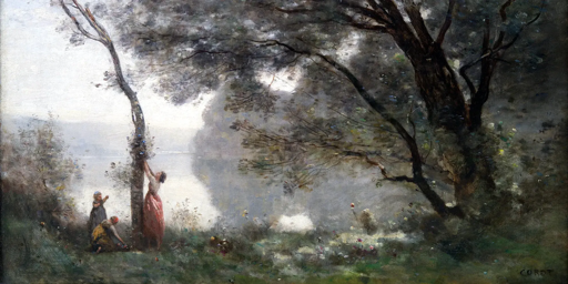 Dipinto che ritrae un idillico panorama campestre. Un enorme albero sulla sinistra, le acque calme di uno stagno al centro, tre minuscole contadine sulla destra che cercano di raccogliere frutti o fiori da un tronco che s'innalza