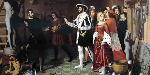 Dipinto che ci mostra l'incontro di Francesco I di Francia con Benvenuto Cellini. Il re eentra da destra nell'atelier del Cellini, seguito da numerosi cortigiani; a sinistra Cellini accanto alla sua statua in bronzo