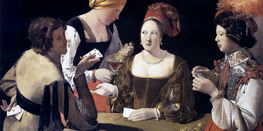 Dipinto che mostra due dame e due cavalieri intorno ad un tavolo che giocano a carte. L'uomo a sinistra ha due carte nascoste nella cintura dietro la schiena e ne sta prendendo una, probabilmente sta barando; la donna al centro lo guarda con aria sospettosa mentre la compagna porge una bottiglia con un liquido ambrato. L'uomo a destra guarda le carte con aria preoccupata. Tutti gli abiti sono elegantissimi, la donna al centro e l'uomo a destra hanno anche eleganti copricapi