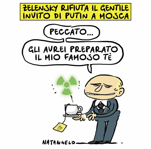 Nel disegno, Putin con una tazza radioattiva in mano commenta: "Peccato... gli avrei preparato il mio famoso tè".