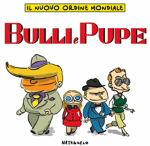 Nel disegno, la locandina del film 'Guys and Dolls' (diretto nel 1955 da Joseph L. Mankiewicz) con, al posto degli interpreti originali, Donald Trump, Giorgia Meloni, Vladimir Putin ed Emmanuel Macron.