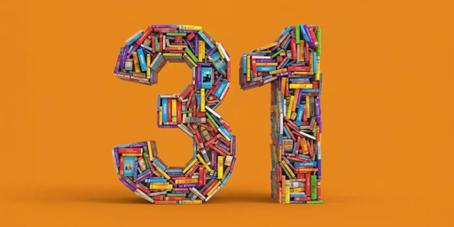 Su sfondo arancione, due forme riempite di libri disegnano il numero 31, come gli anni di Liber Liber