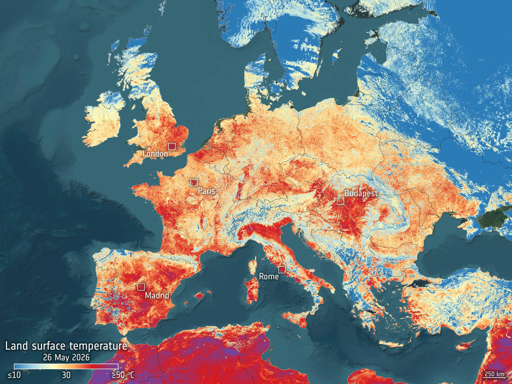 L'ondata di calore è chiaramente visibile in questa immagine satellitare, che mostra le temperature superficiali diurne del suolo. Durante l'estate, le temperature della superficie terrestre possono essere notevolmente più elevate rispetto a quelle dell'aria, poiché superfici come rocce e terreni trattengono il calore accumulato.

L'immagine è stata acquisita il 26 maggio dalla missione Copernicus Sentinel-3.

