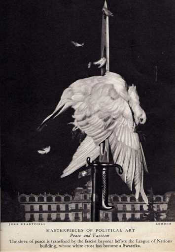 The Meaning of Geneva, Peace Cannot Live Where Greed Capital Exists! (1932) by John Heartfield
J. Paul Getty Museum, Los Angeles, CA, US

Published on the cover of the November 27th issue of the AIZ, Heartfield reacts to the Geneva disarmament conference that took place on November 9, 1932, as well as comments on the police's violent reaction against protesters who demonstrated against fascism in front of the palace of the United Nations.
Source 
https://www.wikiart.org/en/john-heartfield/the-meaning-of-geneva-peace-cannot-live-where-greed-capital-exists-1932