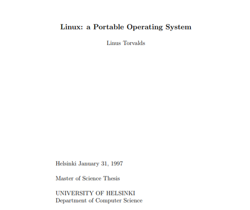 La copertina della tesi di laurea magistrale di Linus Torvalds su Linux