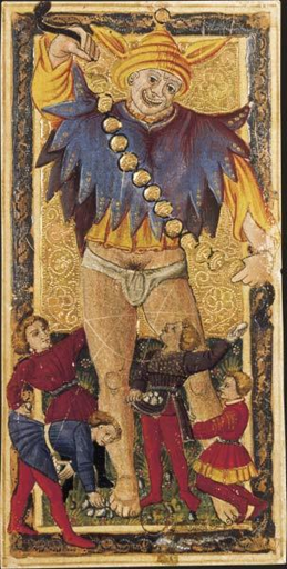 Il matto nelle carte di Carlo vi, fonte: Wikipedia https://commons.wikimedia.org/wiki/File:Fool_tarot_charles6.jpg#mw-jump-to-license