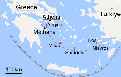 Questa mappa mostra l'arco vulcanico dell'Egeo meridionale e l'ubicazione delle principali aree vulcaniche.