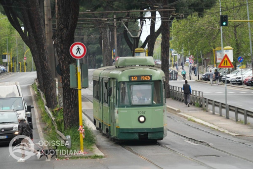 L’immagine mostra una vettura tranviaria Stanga-Tibb di Atac, caratterizzata dalla carrozzeria d’epoca e dalla configurazione tipica dei tram costruiti nel Novecento. La scena richiama la lunga storia del materiale rotabile romano e, in particolare, le vetture interessate dal ritiro e dalla successiva demolizione. La 7021 è riconoscibile per il suo particolare utilizzo storico come tram-ristorante.