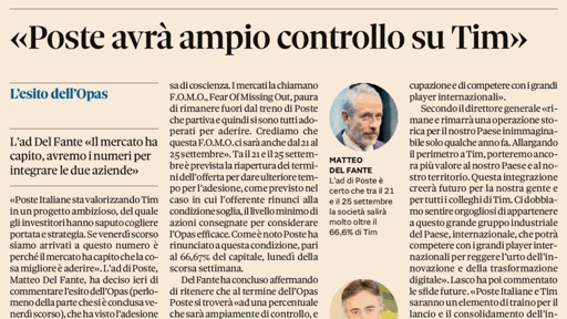 «Poste avrà ampio controllo su Tim»