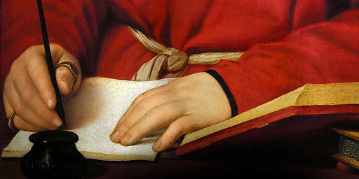 Particolare di un dipinto che mostra una persona che sta scrivendo in un libro, con penna e calamaio. Lo scrittore, o scrittrice, indossa una veste rossa con una cintura color corda.