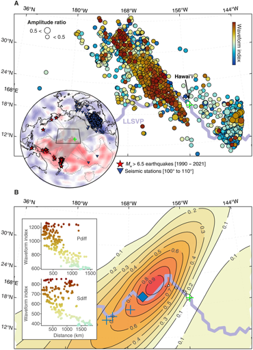 Distribuzione spaziale dei postcursori Pdiff alle Hawaii.