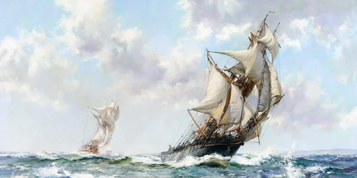 Sotto un cielo rannuvolato, due velieri si inseguono spinti da un vento di traverso. Un dipinto ce li mostra tra cielo e mare