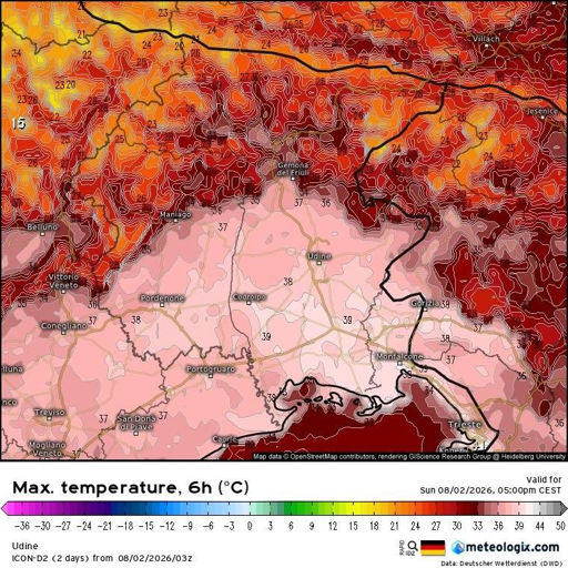 Mappa del FVG con le temperatura massime previste. Alte.