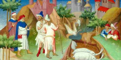 Riproduzione di una miniatura che illustra una delle prime edizioni del "Milione": in un bosco, alcune persone passeggiano conversando mentre si dirigono ad una città, di cui scorgiamo le torri sullo sfondo