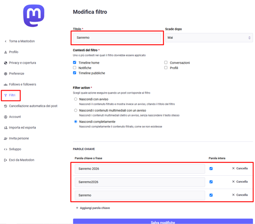 Come fare un filtro su Mastodon per evitare "contenuti" non desiderati