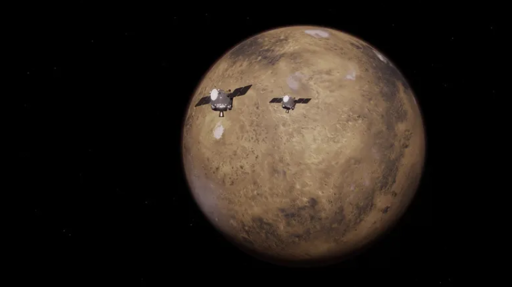 IT: Quest'illustrazione artistica mostra le due sonde ESCAPADE arrivare a Marte. La missione ESCAPADE è la prima a coordinare assieme due navicelle in orbita attorno a un pianeta diverso dalla Terra.
Credito: Rocket Lab.

EN: An artist’s concept shows the two ESCAPADE spacecraft at Mars. The ESCAPADE mission is the first to coordinate two spacecraft in orbit around a planet other than Earth.
Credit: Rocket Lab.