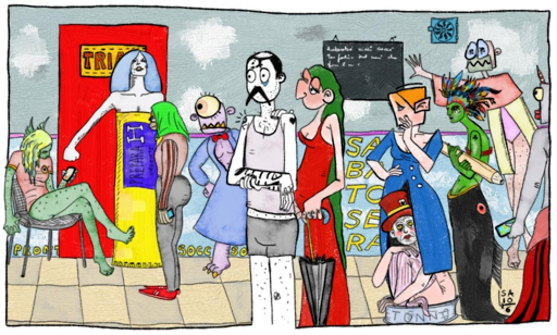 davanti ad una porta rossa con scritta Triage, controllata da una diafa figura femminile in tubetto di preparazione H ci sono, in attesa: una figura femminile con pelle verde mostro dello stagno e maglietta della Roma seduta che guarda lo smartphone; figura femminile con faccia di rana e fazzoletto in testa verde con smartphone in mano, prossima ad entrare; figura femminile in abito azzurro con testa ciclopica con solo occhio e denti a tagliola; Saio G che si regge il braccio dolorante e figura femminile in abito da sera rosso, capelli verdi con ombrello che lo consola; figura femminile con testa quadrata il cui abito blu copre figura indefinita con capello a cilindro rosso e calze rosa, seduta in una scatola di tonno; figura femminile verde con cappello di piume variopinte che regge una grande matita senza punta e per gonna ha un pesce nero con occhio giallo; figura indefinita con testa da orco, mantellina rossa e gialla, costume intero rosa e gambe nude; figura di spalle con gonna rossa testa quadrata e corno giallo che regge uno smartphone.
