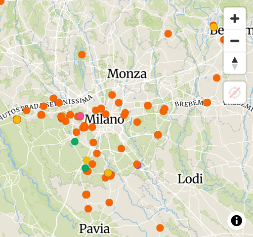Nell'immagine, la mappa dei data center presenti in Lombardia mostra che il maggior numero di questi è collocato nel capoluogo e nelle provincie milanesi.