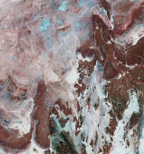 Le immagini mostrano lo straordinario paesaggio all'interno del Bacino di Tanezrouft, una delle zone più desolate del deserto del Sahara. Noto per le sue temperature torride e la mancanza di acqua e vegetazione, la regione è spesso chiamata la "Terra del Terrore".

Qui, i colori rappresentano la composizione minerale variabile della superficie, chiaramente visibile a causa della mancanza di vegetazione. Le sfumature di rosso e marrone denotano affioramenti di arenaria nuda, ripide pareti di canyon e altipiani rocciosi. Strati di arenaria esposta a forma di anelli concentrici creano motivi stupefacenti, prevalentemente in alto a sinistra.

Le aree che mostrano colori dal ciano al bianco sono saline, bacini evaporitici, letti di fiumi prosciugati e dune di sabbia a più strati note come "erg". La caratteristica distintiva che spicca come un bouquet di fiori bianco brillante al centro dell'immagine è l'Erg Mehedjibat, composto da un ammasso di piccole dune a stella che crescono verso l'alto piuttosto che in orizzontale.
