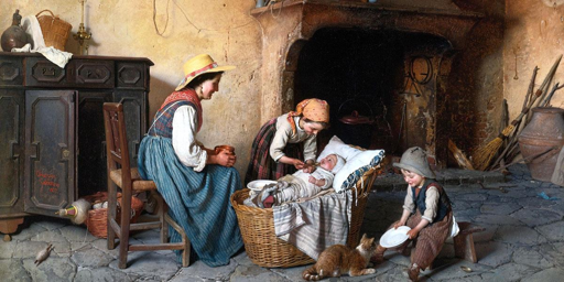 Dipinto che mostra l'interno di una cascina. Accanto al camino c'è una culla in cui sta un neonato, attorno a lui due bimbi che stanno dandogli una bottiglietta con la pappa. Poco oltre una donna, la mamma, seduta su una sedia osserva la scena. La donna indossa una gonna blu, un gilè azzurro e una camicia bianca; sulle spalle uno scialle variopinto e un cappello di paglia