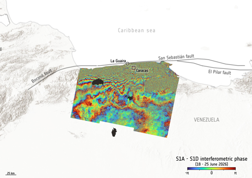 La mappa è un interferogramma derivato dal confronto dei dati di Sentinel-1 in due date diverse: il 18 giugno, prima dei terremoti, e il 25 giugno, il giorno successivo. Il pattern a frange nella parte settentrionale dell'immagine mostra l'estensione della regione in cui si è verificata la deformazione del suolo. I dati preliminari indicano uno spostamento del terreno dell'ordine di 30 cm lungo la linea di vista.

I sismi, di magnitudo 7.2 e 7.5, sono avvenuti a meno di un minuto di distanza l'uno dall'altro e sono stati rilevati dall'US Geological Survey (USGS). Secondo l'USGS, la scossa di magnitudo 7.2 si è verificata per prima, seguita, appena 39 secondi dopo, dalla scossa principale di magnitudo 7.5. Entrambi i tremori sono stati causati da eventi sismici a profondità relativamente bassa, provocando forti scosse agli edifici, danni estesi e numerose vittime.

La costa settentrionale del Venezuela giace sul sistema di faglie di San Sebastian, una faglia geologica principale che si estende per circa 500 km lungo la costa venezuelana e il Mar dei Caraibi. Il sisma di magnitudo 7.5 è il terremoto più forte a colpire il Venezuela dal 1900.

L'immagine mostra l'area colpita, che si estende da Caracas, nel nord del Venezuela, verso la città di Puerto Cabello, a circa 210 km a ovest della capitale. La città di La Guaira, a circa 20 km a nord di Caracas, è una delle zone più colpite.
