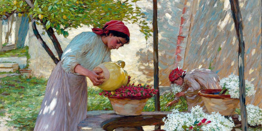 Dipinto che mostra due donne accanto ad un pozzo. La più giovane raccoglie qualcosa da terra, forse dei fiori, mentre la più grande attinge acqua con una brocca e innaffia dei vasi. Entrambe hanno un fazzoletto rosso in testa e vestono gonne e camicie di colore chiaro