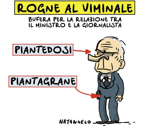 Nel disegno, il ministro Piantedosi.
Una freccia col suo nome indica la sua testa.
Un'altra, denominata "piantagrane" indica invece il suo membro.