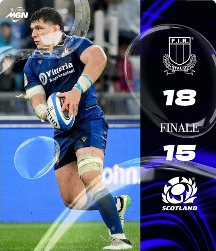 Immagine divisa in due parti verticali. A sinistra un giocatore di rugby con la palla ovale in mano, divisa italiana. A destra il punteggio del Sei Nazioni: Italia 18 Scozia 15