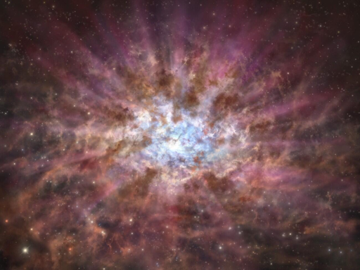 Figura 1: L'iillustrazione artistica di un quasar avvolto dalla polvere nel primo universo.
