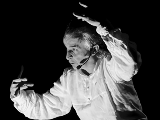 A performer in a white shirt gestures dramatically against a black background, emphasizing their expression and movement. The image captures a moment of intense performance, with the performer using hand motions to convey emotion.