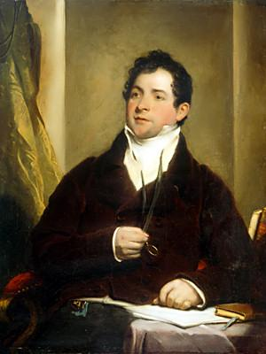 Dipinto che ritrae Thomas Moore, seduto in poltrona con alcuni fogli in una mano e un occhialino pince-nez nell'altra mano. Indossa pantaloni grigi, una giacca di velluto bordeaux a doppiopetto, e una camicia bianca con una sciarpa bianca al collo. Alle sue spalle una tenda dorata.