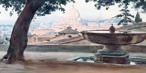 Dipinto ad acquerello che ci mostra la celebre veduta romana del Cupolone di San Pietro dalla terrazza del Pincio. La cupola ci appare attraverso una luce del mattino, che la rende quasi immersa in una nebbiolina come di sogno.