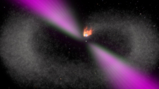 Visualizzazione che fa parte di un’animazione di una pulsar black widow che consuma la sua compagna.