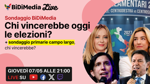 🔴 Sondaggio BiDiMedia Maggio: chi vincerebbe oggi le elezioni?
Nuovo sondaggio inedito di BiDiMedia. Oltre alle classiche intenzioni di voto, abbiamo valutato la forza dei principali leader in una legge elettorale che preveda l'indicazione del candidato premier.
Primarie Campo Largo: chi è avanti ora?
Domani (giovedì) alle ore 21.00

