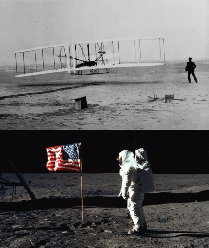 L'immagine è una composizione di due fotografie storiche, una sopra l'altra. La parte superiore mostra un uomo in abiti civili che osserva un primo volo di un aereo, il "Wright Flyer", in un campo aperto. L'aereo è bianco con struttura metallica e ha due ali estese. La parte inferiore dell'immagine mostra un astronauta in tuta spaziale bianca che si trova sulla superficie lunare, con un'asta americana che sventola. La superficie lunare è grigia e rocciosa, con il cielo nero che fa da sfondo. Entrambe le immagini rappresentano momenti significativi nella storia della tecnologia e dell'esplorazione spaziale.