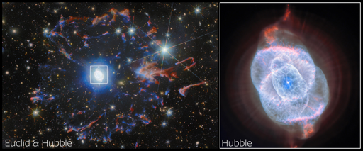 Qui, la nebulosa Occhio di Gatto è presentata attraverso lo sguardo combinato del NASA/ESA Hubble Space Telescope e di Euclid dell’ESA, mettendo in evidenza la straordinaria complessità della morte stellare.