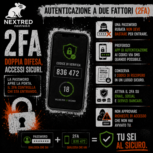 Infografica quadrata in stile urban/grunge dedicata all'autenticazione a due fattori (2FA). Sfondo nero con dettagli bianchi, arancioni e verdi e logo Nextred in alto a sinistra. Al centro uno smartphone mostra un codice temporaneo di verifica e un timer di scadenza. A destra sono elencati i consigli principali: una password rubata non deve bastare per accedere, preferire le app di autenticazione agli SMS quando possibile, conservare i codici di recupero in un luogo sicuro, attivare il 2FA su email, social e servizi bancari e non approvare richieste di accesso non avviate dall'utente. In basso una rappresentazione visiva della formula: Password + 2FA = maggiore sicurezza. Messaggio conclusivo: “La password apre la porta. Il 2FA controlla chi sta entrando.” Grafica ad alto contrasto con icone di lucchetti, scudi e sicurezza digitale.