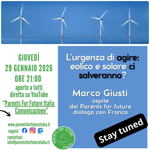 Locandina dell'evento online con Marco Giusti ospite dei Parents For Future, giovedì 29 gennaio alle 21, per parlare di transizione energetica 