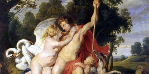 Dipinto che ci mostra il mito di Adone, qui al centro del quadro, con un bastone i n mano,  vestito solo di un mantello rosso, ed abbracciato a Venere, donna bionda e senza vesti, che lo abbraccia. La scena si svolge in aperta campagna; dietro Venere ed Adone due cigni si "baciano"; davanti a loro Cupido e due cani da caccia