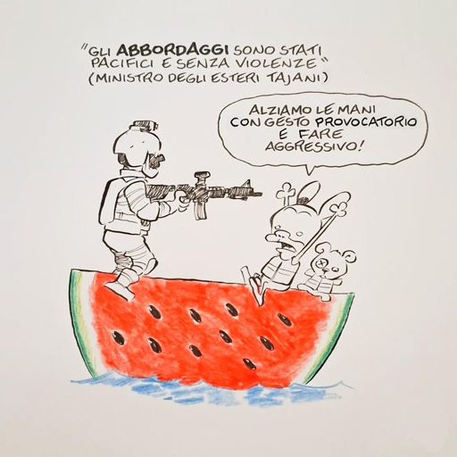 Nel disegno, Rat-Man seduto su una grande fetta di anguria alza le mani davanti ad un militare che lo tiene sotto tiro affermando: "Alziamo le mani con gesto provocatorio e fare aggressivo!"
