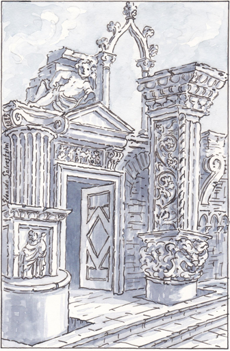 Immagine di Edoardo Salvestrini, Architetture come metafora (2025), Disegno su carta, penna e acquarello