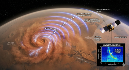 Illustrazione creata con l'IA di fulmini nell'atmosfera marziana osservati da MAVEN.